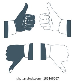 Vector Illustration of  Thumbs up and down. Drawn by hands icons. Flat style