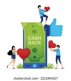 Vector illustration of thumbs up and love feedback from user receiving cashback. mobile apps discount program. Can be used for landing pages, web, websites, mobile apps, posters, ads, flyers, banners