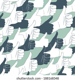Vector Illustration of Thumbs up. Drawn by hands seamless pattern. Flat style