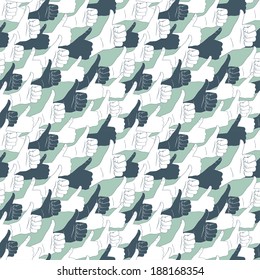 Vector Illustration of Thumbs up. Drawn by hands seamless pattern. Flat style