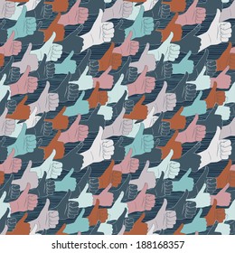 Vector Illustration of Thumbs up. Drawn by hands seamless pattern. Flat style