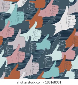 Vector Illustration of Thumbs up. Drawn by hands seamless pattern. Flat style