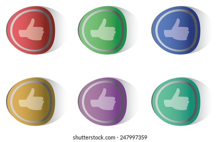 Vector illustration of thumbs-up round stickers in six different colors isolated on white background