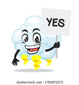 vector illustration of thunder cloud mascot or character holding sign says yes