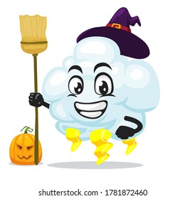 vector illustration of thunder cloud mascot or character wearing witch costume and holding broom