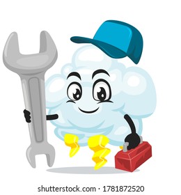 vector illustration of thunder cloud mascot or character wearing service costume and holding wrench