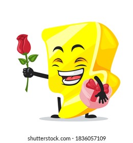 vector illustration of thunder mascot or character give flower and holding pink gift