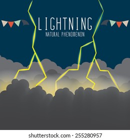 Vector Illustration of thunderbolt and lightning. Lightning flash illuminating the clouds on a dark night.