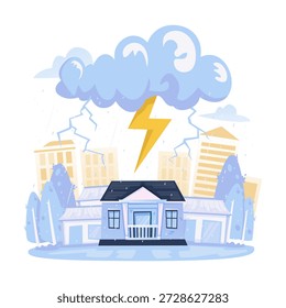 Vector illustration of thunderstorm disaster with lightning striking from dark storm clouds, light rain, and an urban landscape with houses and buildings. Extreme weather climate change, flat design