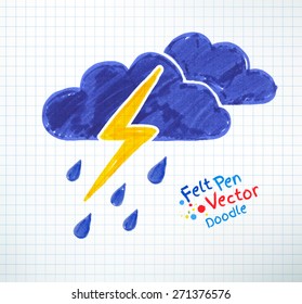 Vector illustration of thunderstorm. Felt pen childlike drawing on checkered notebook paper.