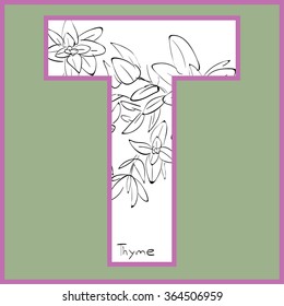 Vector illustration of thyme inside of letter T. Limited colors graphic. Hand drawing.