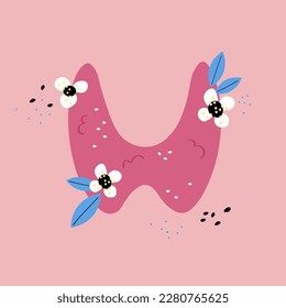 Vector illustration of thyroid gland, endocrinology. Human body organs anatomy icon with flowers. Thyroid day. Medical concept. Flat style cartoon