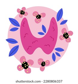 Vector illustration of thyroid gland, endocrinology. Human body organs anatomy icon with flowers. Thyroid day. Medical concept. Flat style cartoon