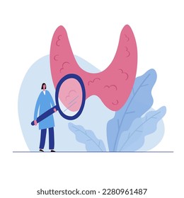 Vector illustration of thyroid gland, endocrinology. Human body organs anatomy icon. The doctor treats and analyzes the thyroid gland. Thyroid day. Medical concept. Image in flat cartoon style