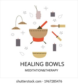 Vector illustration with Tibetan healing bowl, aroma candles.
