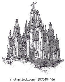 Vector illustration of Tibidabo church on mountain in Barcelona.