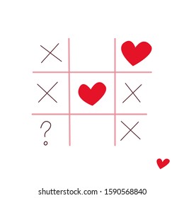 Vector Illustration Tic Tac Toe Game With Hearts, Criss Cross And Question Mark, Love Or Not, Valentines Day Card