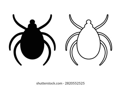 Vector illustration of tick icons. Solid black silhouette and outline style. Parasite, mite, Lyme disease carrier, pest control concept.