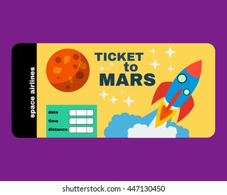 Vector illustration ticket to Mars with rocket and planet