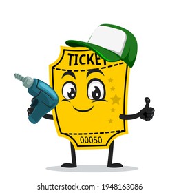 vector illustration of ticket mascot or character holding hand drill