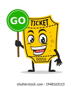 vector illustration of ticket mascot or character holding sign says go