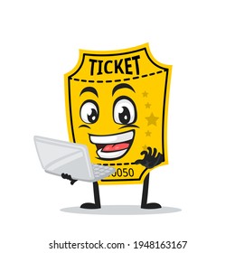 vector illustration of ticket mascot or character presentation with laptop