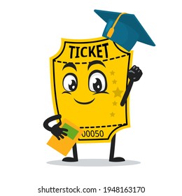 vector illustration of ticket mascot or character graduation hat and holding book