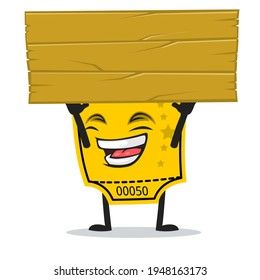 vector illustration of ticket mascot or character holding blank wooden
