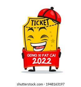 vector illustration of ticket mascot or character holding red scroll and says happy chinese new year 2021