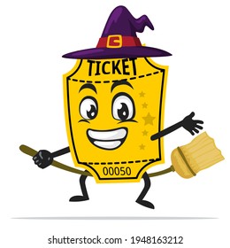 vector illustration of ticket mascot or character wearing witch costume and ride flying broom