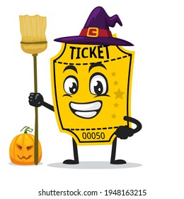 vector illustration of ticket mascot or character wearing witch costume and holding broom