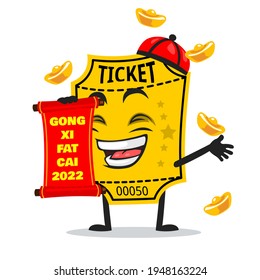 vector illustration of ticket mascot or character holding red scroll and says happy chinese new year 2021