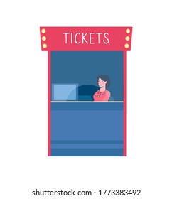 Vector illustration of a ticket office in a cinema. Isolated ticket service on white background, cash desk with cashier in uniform. Flat cartoon style, red and blue colors, yellow lights.