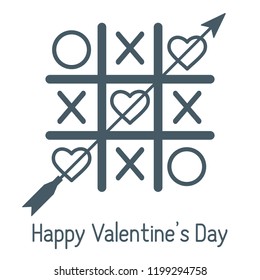 Vector illustration of tic-tac-toe game with hearts and arrow. Happy Valentine's Day. Design for greeting card, party card, banner, poster or print.