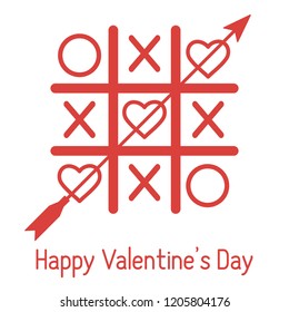 Vector illustration of tic-tac-toe game with hearts and arrow. Happy Valentine's Day. Design for greeting card, party card, banner, poster or print.