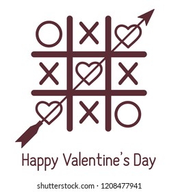 Vector illustration of tic-tac-toe game with hearts and arrow. Happy Valentine's Day. Design for greeting card, party card, banner, poster or print.