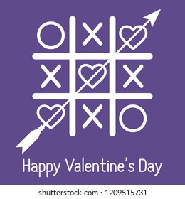 Vector illustration of tic-tac-toe game with hearts and arrow. Happy Valentine's Day. Design for greeting card, party card, banner, poster or print.