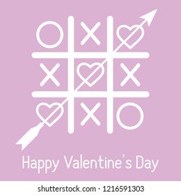 Vector illustration of tic-tac-toe game with hearts and arrow. Happy Valentine's Day. Design for greeting card, party card, banner, poster or print.