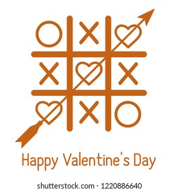 Vector illustration of tic-tac-toe game with hearts and arrow. Happy Valentine's Day. Design for greeting card, party card, banner, poster or print.