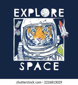 Vector illustration of tiger astronaut with planet,rocket,satellite,ufo. For Boys t shirt.