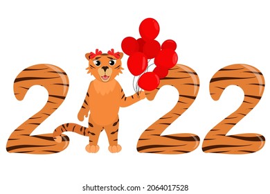 Vector illustration of a tiger with balloons in his hands, standing between the numbers 2022, isolated on a white background. Illustration on the theme of the new year