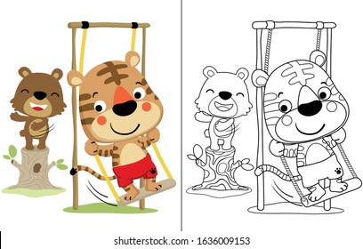 vector illustration of tiger and bear cartoon playing swing, coloring book or page