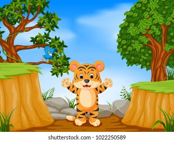 vector illustration of tiger and bird with mountain cliff scene