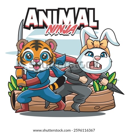 Vector Illustration of Tiger and Bunny Ninja with Cute Illustration Available for Tshirt Design
