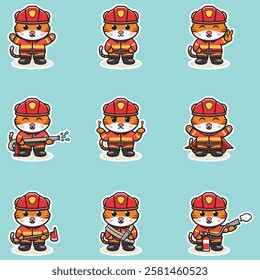 Vector Illustration of Tiger cartoon with Firefighter costume. Set of cute Tiger characters. This is Vector Illustration.
