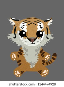 Vector illustration of tiger cartoon.Cute tiger cub handmade.Flat design, color sketch.Touching animals.