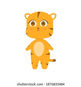 Vector illustration of a tiger or a cat chibi characters are funny, cute, and adorable. happy tiger expression. flat style. design elements. Can be used for stickers and mascot logo