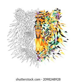 Vector illustration of Tiger in Chinese style with Strong Life slogan with hieroglyphs. Tiger in retro styles, tattoo idea, print, isolated on gray background