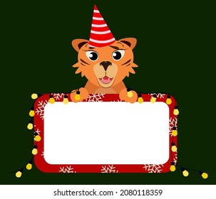 vector illustration of a tiger with a Christmas garland and a place for text, in a Christmas style, on a dark green background