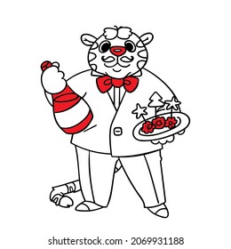 Vector illustration. Tiger in a classic suit with a bottle of champagne and a snack. Christmas illustrations for cards, labels, decorations.